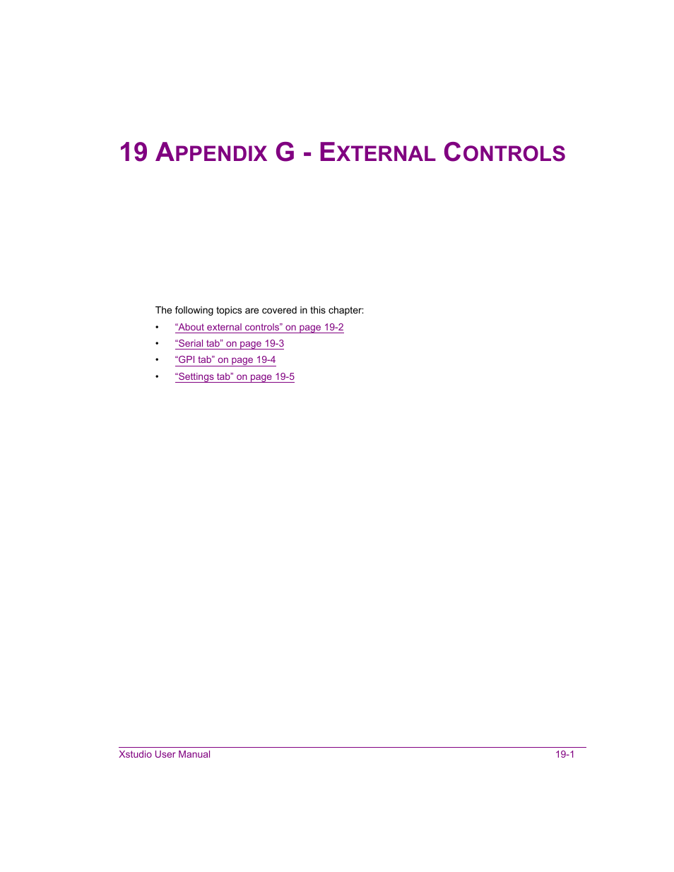 19 appendix g - external controls, Appendix g - external controls -1, Appendix g - external | 19 a, G - e, Ppendix, Xternal, Ontrols | Grass Valley Xstudio Vertigo Suite v.4.10 User Manual | Page 448 / 453