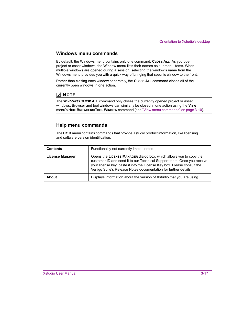 Windows, Windows menu commands, Help menu commands | Grass Valley Xstudio Vertigo Suite v.4.10 User Manual | Page 52 / 453