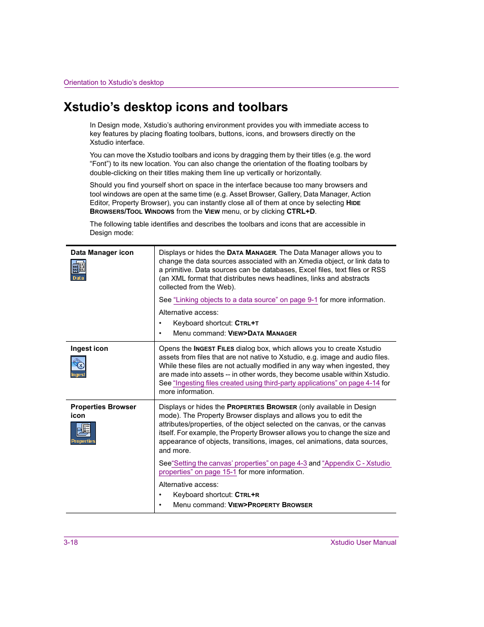Xstudio’s desktop icons and toolbars, Xstudio’s desktop icons and toolbars -18 | Grass Valley Xstudio Vertigo Suite v.4.10 User Manual | Page 53 / 453