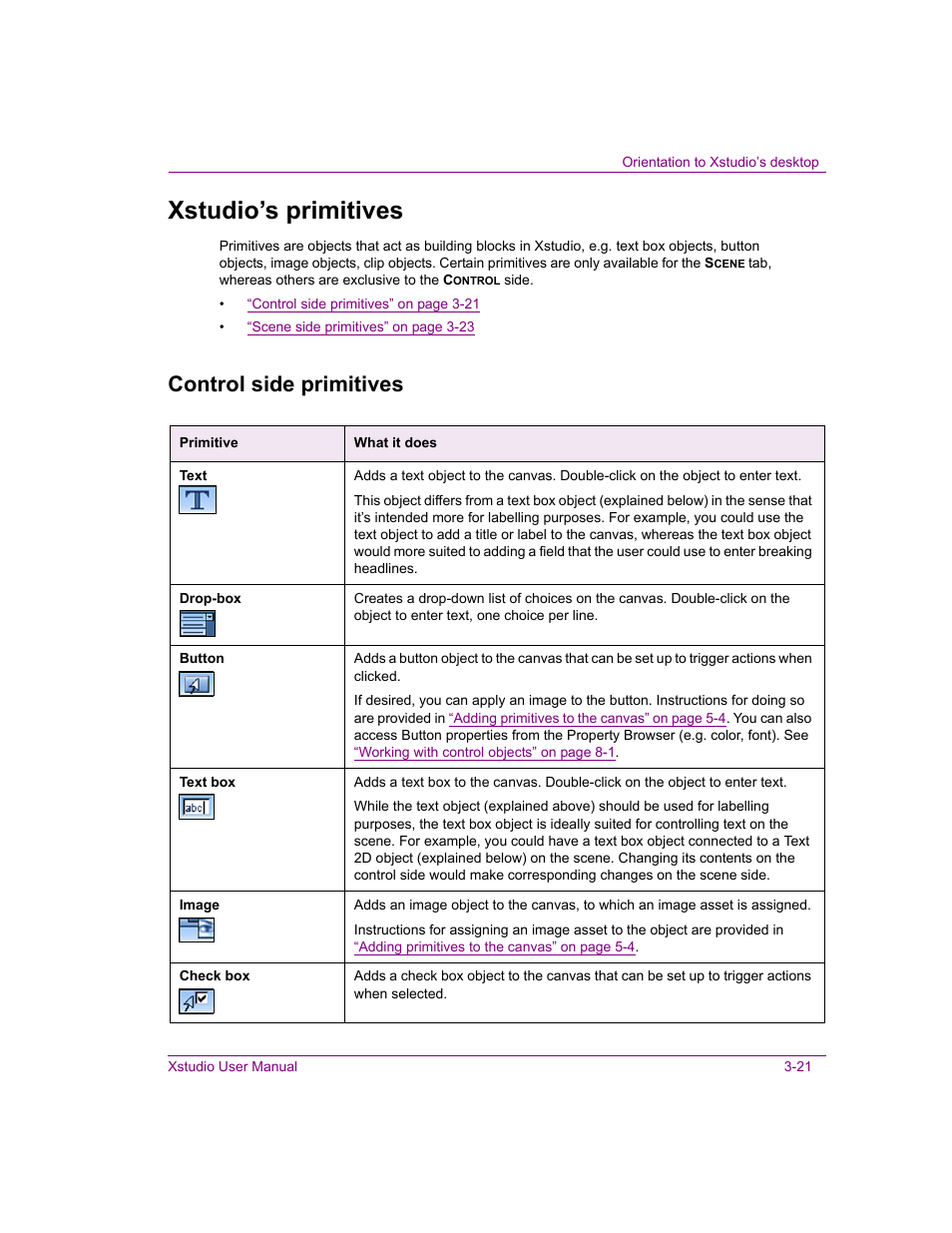 Xstudio’s primitives, Control side primitives, Xstudio’s primitives -21 | Control side primitives -21, Xstudio’s primitives” on | Grass Valley Xstudio Vertigo Suite v.4.10 User Manual | Page 56 / 453