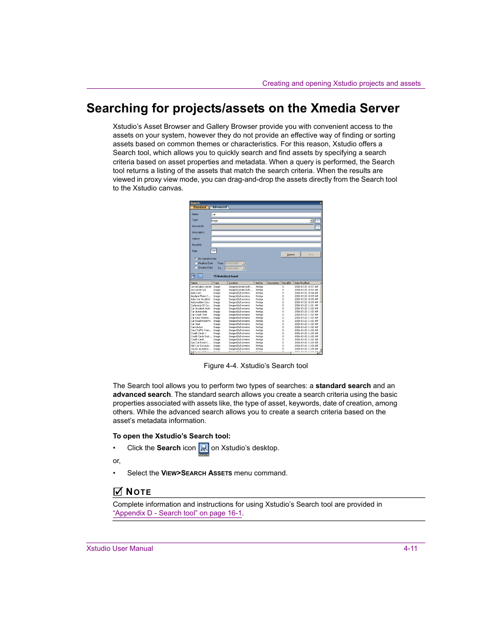 Searching for projects/assets on the xmedia server | Grass Valley Xstudio Vertigo Suite v.4.10 User Manual | Page 80 / 453