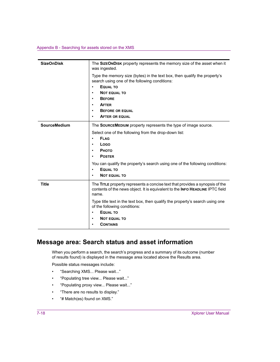 Message area: search status and asset information | Grass Valley Xplorer Vertigo Suite v.4.8 User Manual | Page 108 / 124