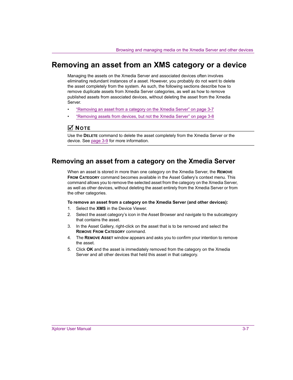Removing an asset from an xms category or a device | Grass Valley Xplorer Vertigo Suite v.4.8 User Manual | Page 31 / 124