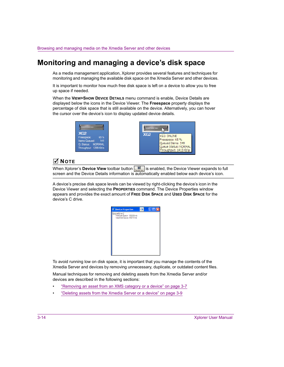 Monitoring and managing a device’s disk space, Monitoring and managing a device’s disk space -14 | Grass Valley Xplorer Vertigo Suite v.4.8 User Manual | Page 38 / 124