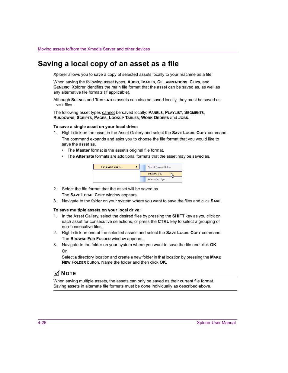 Saving a local copy of an asset as a file, Saving a local copy of an asset as a file -26 | Grass Valley Xplorer Vertigo Suite v.4.8 User Manual | Page 66 / 124