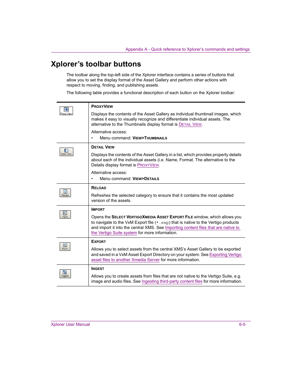 Xplorer’s toolbar buttons, Xplorer’s toolbar buttons -5, Xplorer’s toolbar | Grass Valley Xplorer Vertigo Suite v.4.8 User Manual | Page 81 / 124