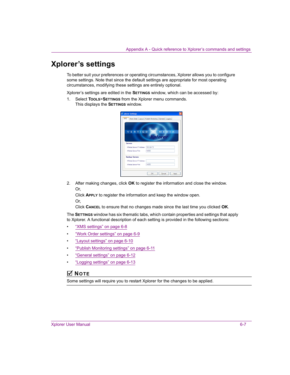 Xplorer’s settings, Xplorer’s settings -7 | Grass Valley Xplorer Vertigo Suite v.4.8 User Manual | Page 83 / 124