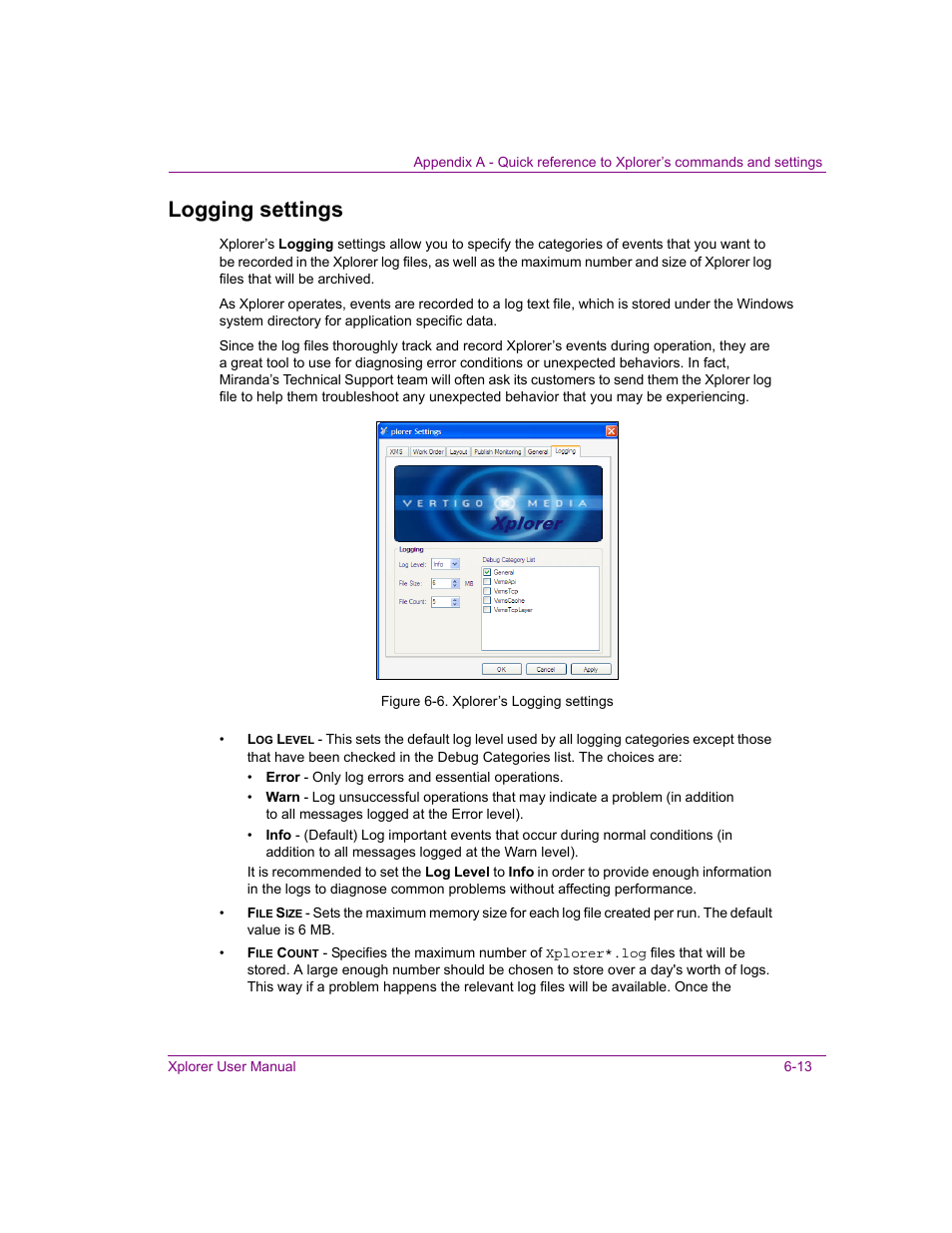 Logging settings, Logging settings -13 | Grass Valley Xplorer Vertigo Suite v.4.8 User Manual | Page 89 / 124