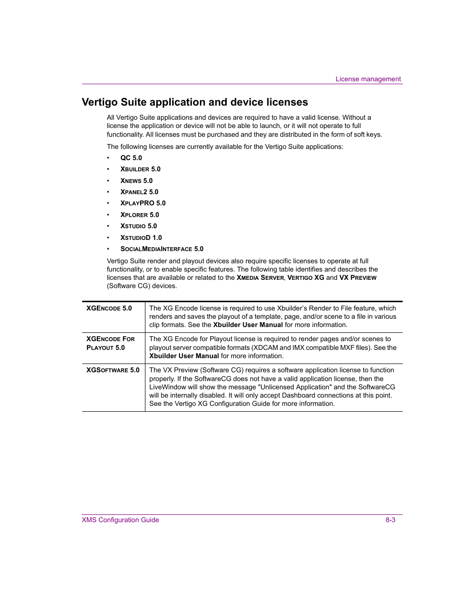 Vertigo suite application and device licenses, Vertigo suite application and device licenses -3 | Grass Valley Xmedia Server Vertigo Suite v.5.0 User Manual | Page 106 / 297