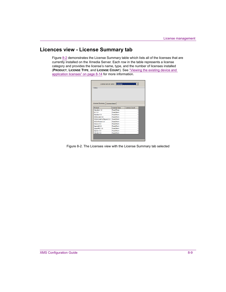 Licences view - license summary tab, Licences view - license summary tab -9 | Grass Valley Xmedia Server Vertigo Suite v.5.0 User Manual | Page 112 / 297