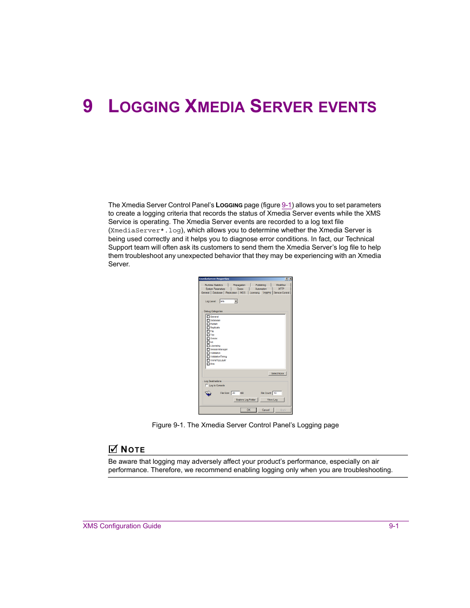 9 logging xmedia server events, Logging xmedia server events -1, Ogging | Media, Erver, Events | Grass Valley Xmedia Server Vertigo Suite v.5.0 User Manual | Page 126 / 297