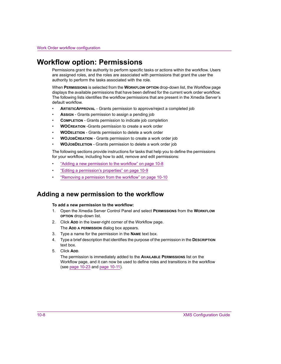 Workflow option: permissions, Adding a new permission to the workflow, Workflow option: permissions -8 | Adding a new permission to the workflow -8 | Grass Valley Xmedia Server Vertigo Suite v.5.0 User Manual | Page 137 / 297
