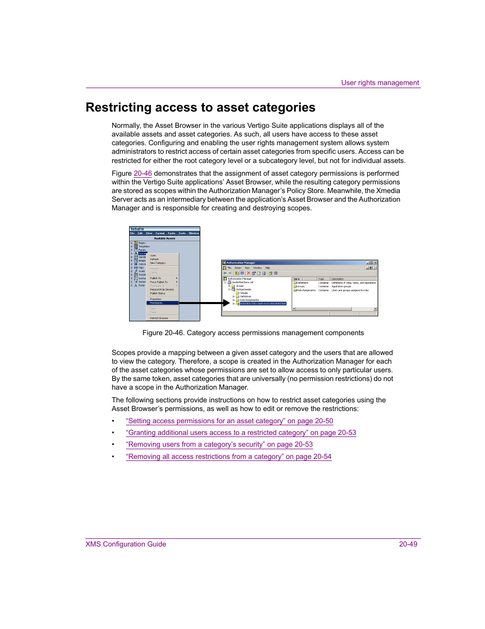 Restricting access to asset categories, Restricting access to asset categories -49, Restricting access to asset categories” on | Grass Valley Xmedia Server Vertigo Suite v.5.0 User Manual | Page 274 / 297