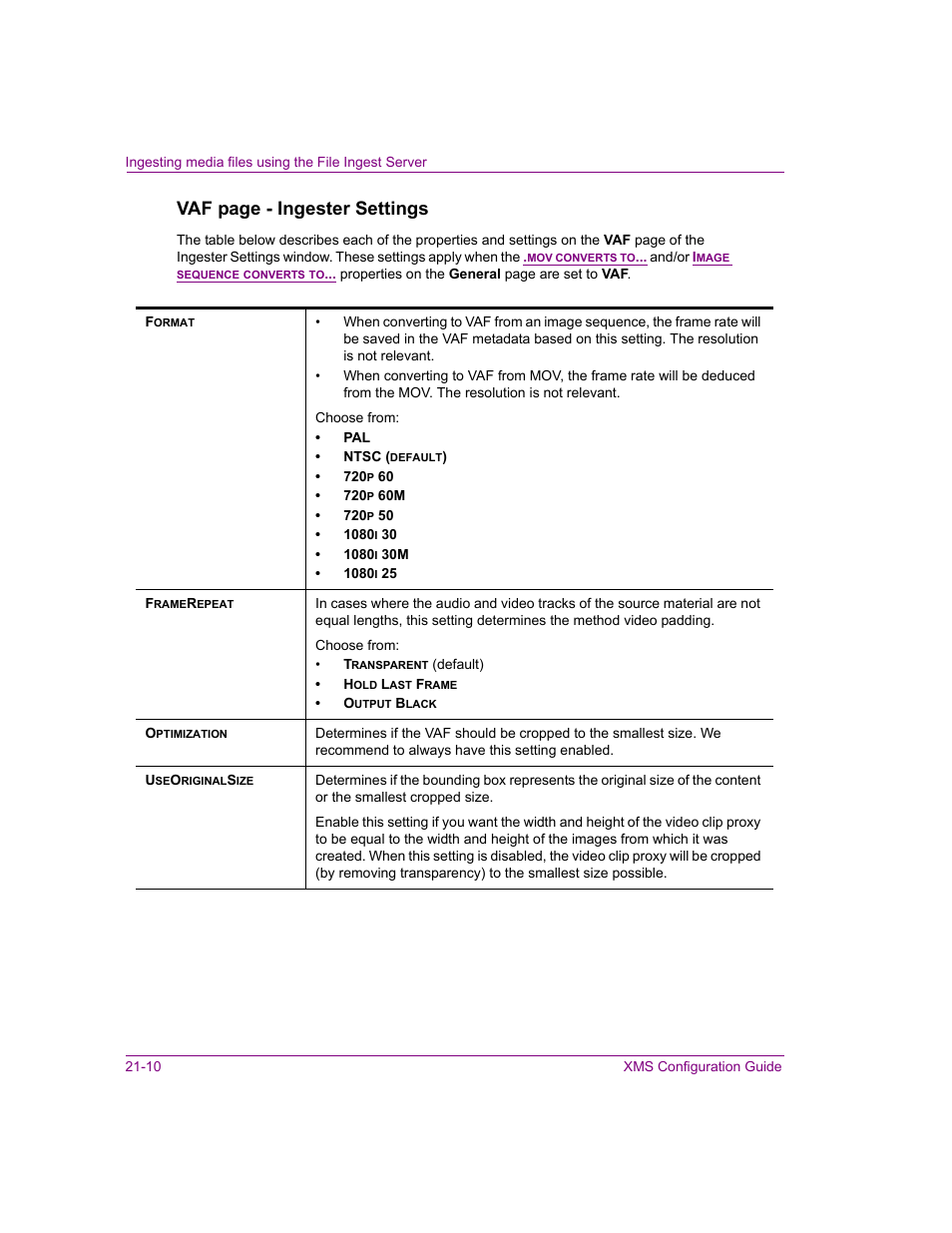 Vaf page - ingester settings | Grass Valley Xmedia Server Vertigo Suite v.5.0 User Manual | Page 289 / 297