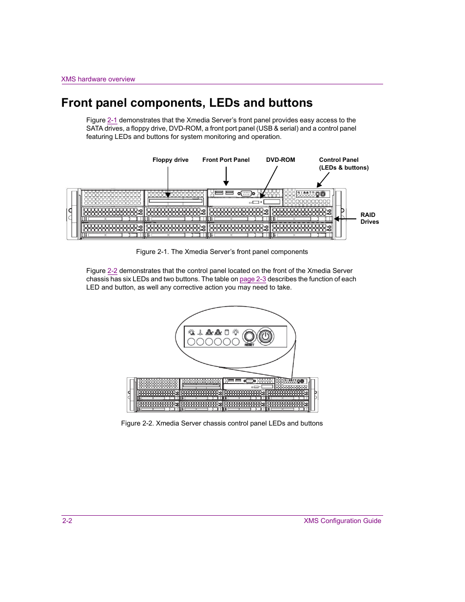 Front panel components, leds and buttons, Front panel components, leds and buttons -2 | Grass Valley Xmedia Server Vertigo Suite v.5.0 User Manual | Page 29 / 297