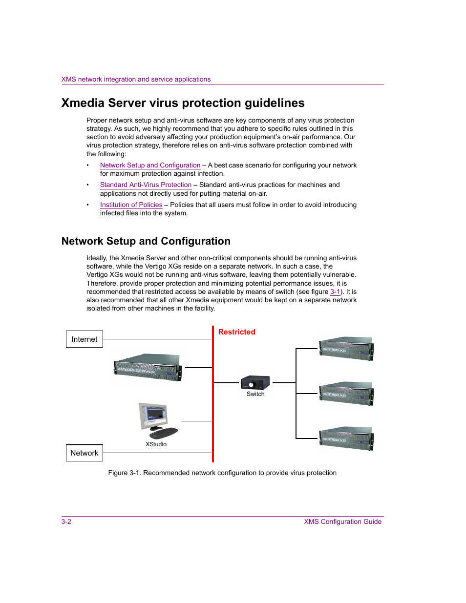 Xmedia server virus protection guidelines, Network setup and configuration, Xmedia server virus protection guidelines -2 | Network setup and configuration -2 | Grass Valley Xmedia Server Vertigo Suite v.5.0 User Manual | Page 37 / 297