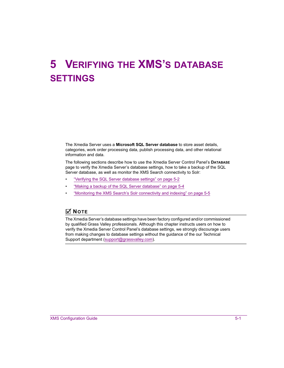 5 verifying the xms’s database settings, Verifying the xms’s database settings -1, Erifying | Database, Settings | Grass Valley Xmedia Server Vertigo Suite v.5.0 User Manual | Page 58 / 297