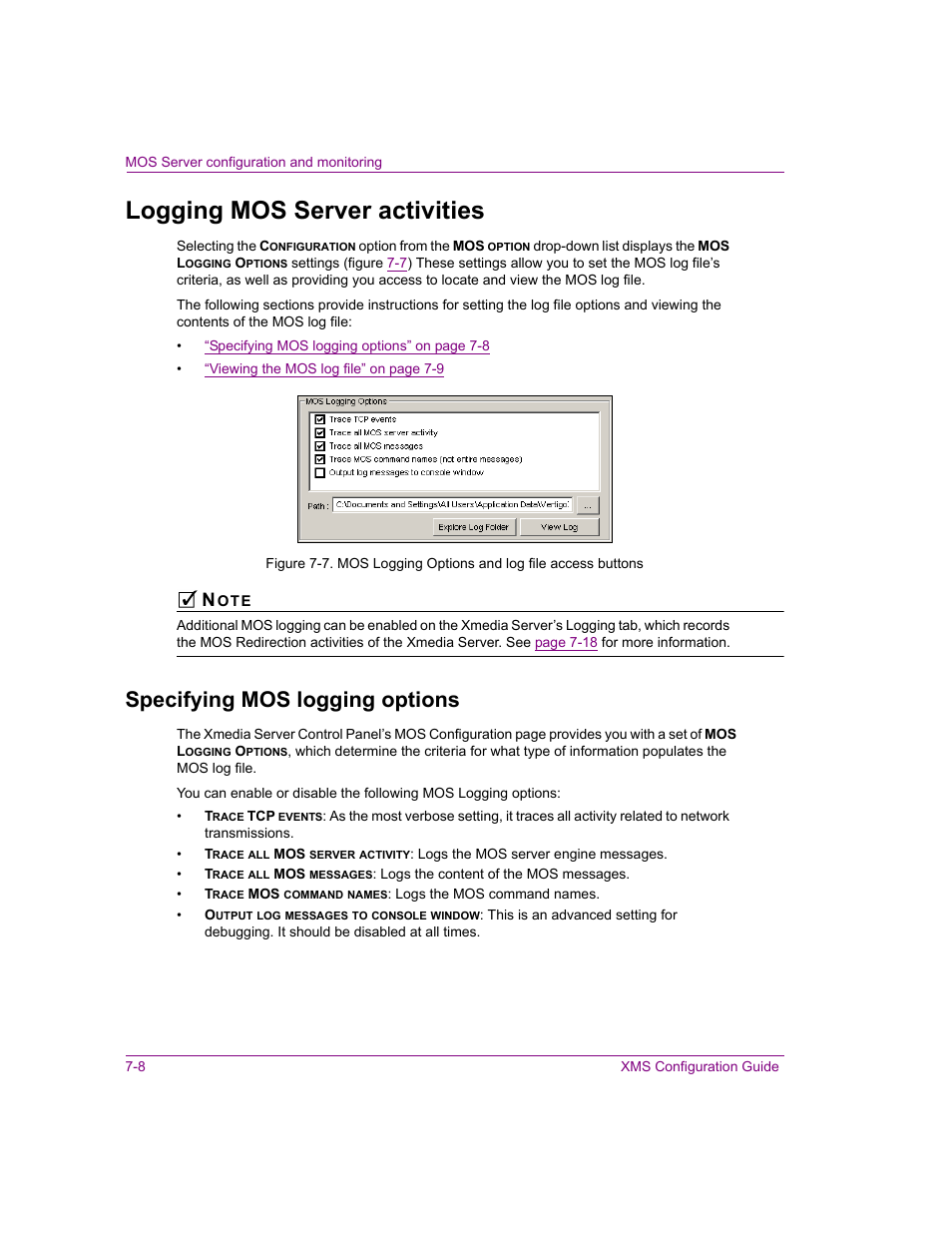 Logging mos server activities, Specifying mos logging options, Logging mos server activities -8 | Specifying mos logging options -8 | Grass Valley Xmedia Server Vertigo Suite v.5.0 User Manual | Page 93 / 297