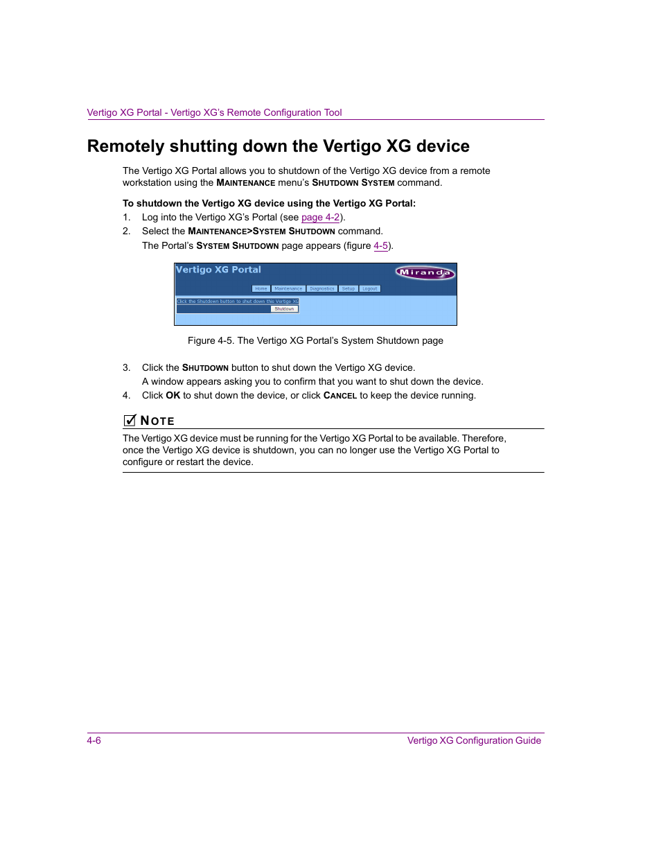 Remotely shutting down the vertigo xg device, Remotely shutting down the vertigo xg device -6 | Grass Valley XG Vertigo Configuration Guide v.5.0 User Manual | Page 47 / 103