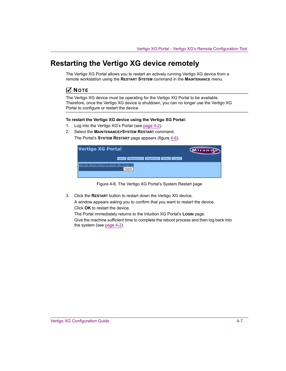 Restarting the vertigo xg device remotely, Restarting the vertigo xg device remotely -7 | Grass Valley XG Vertigo Configuration Guide v.5.0 User Manual | Page 48 / 103