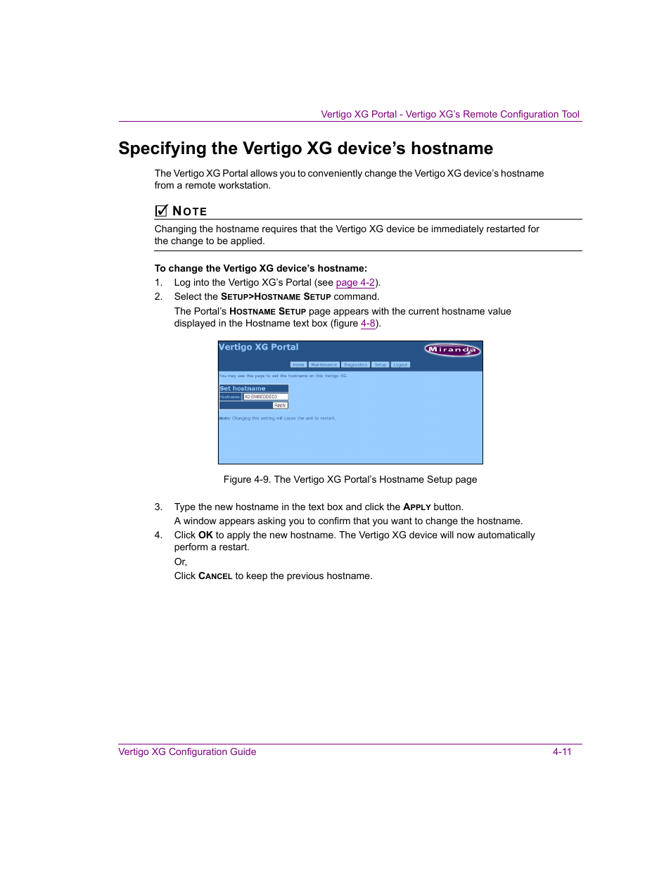 Specifying the vertigo xg device’s hostname, Specifying the vertigo xg device’s hostname -11 | Grass Valley XG Vertigo Configuration Guide v.5.0 User Manual | Page 52 / 103