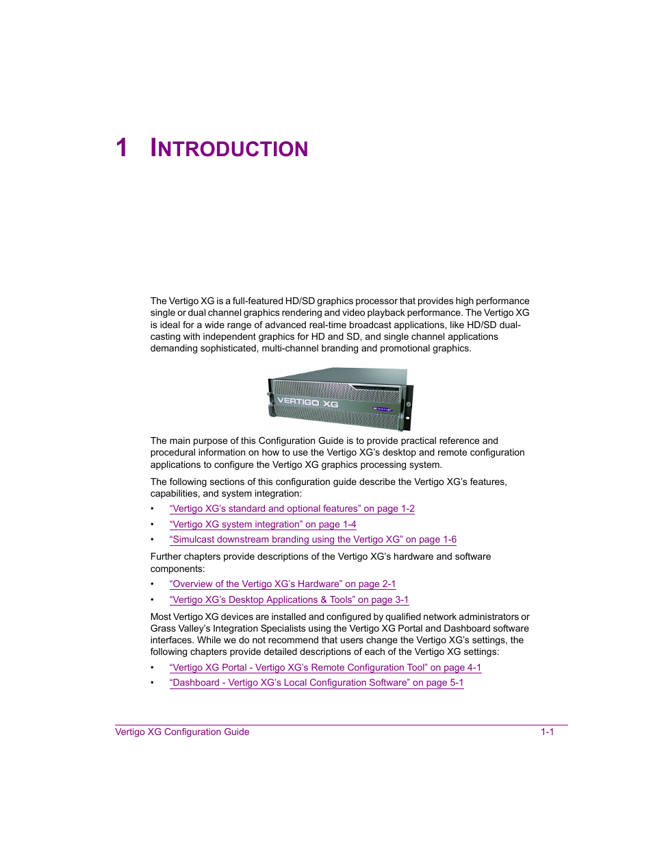 1 introduction, Introduction -1, Ntroduction | Grass Valley XG Vertigo Configuration Guide v.5.0 User Manual | Page 6 / 103