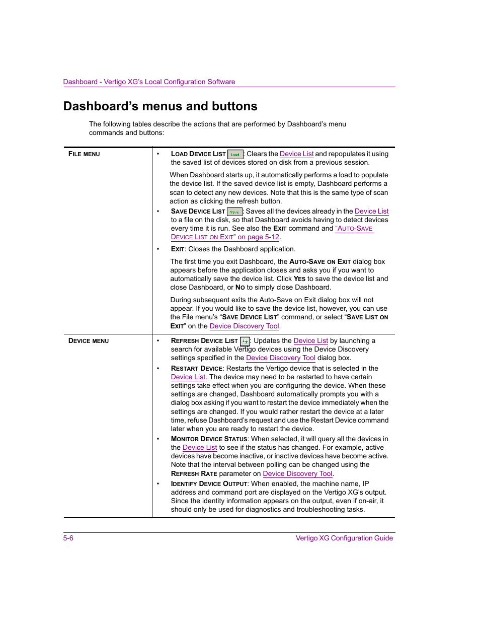 Dashboard’s menus and buttons, Dashboard’s menus and buttons -6 | Grass Valley XG Vertigo Configuration Guide v.5.0 User Manual | Page 61 / 103
