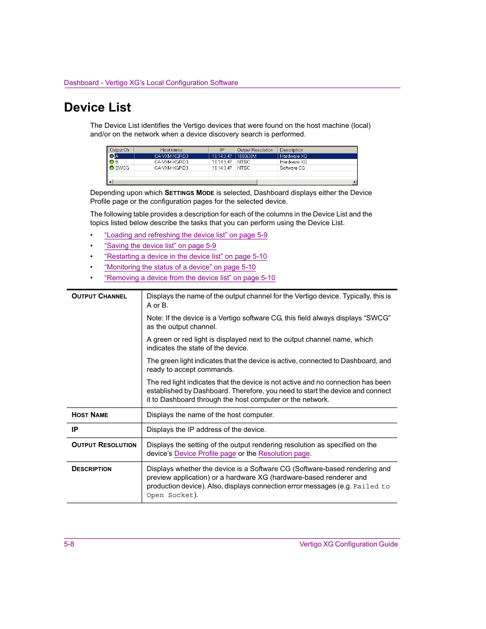 Device list, Device list -8, Using | Clears the, To se | Grass Valley XG Vertigo Configuration Guide v.5.0 User Manual | Page 63 / 103
