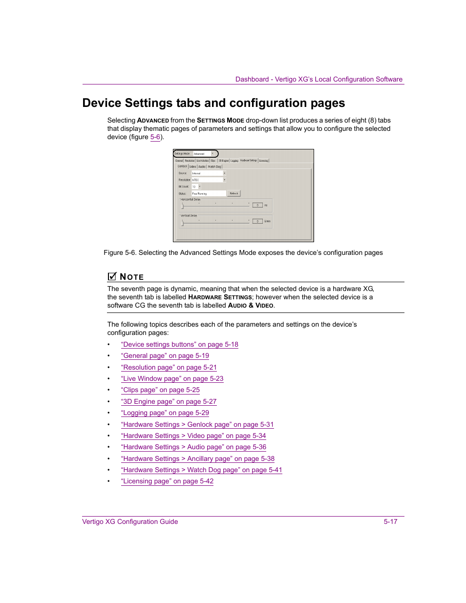 Device settings tabs, Device settings tabs and configuration pages | Grass Valley XG Vertigo Configuration Guide v.5.0 User Manual | Page 72 / 103