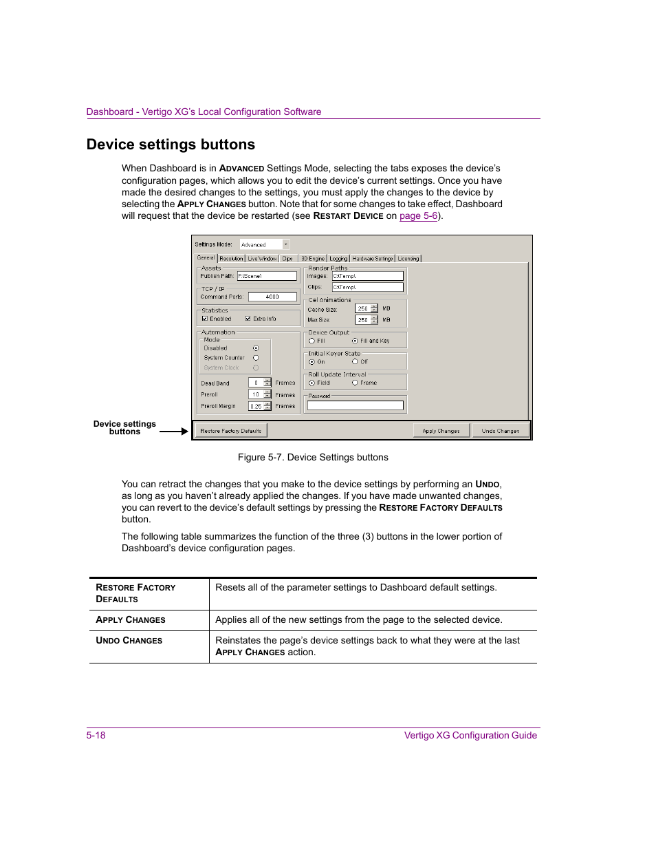 Device settings buttons, Device settings buttons -18, Device settings | Grass Valley XG Vertigo Configuration Guide v.5.0 User Manual | Page 73 / 103