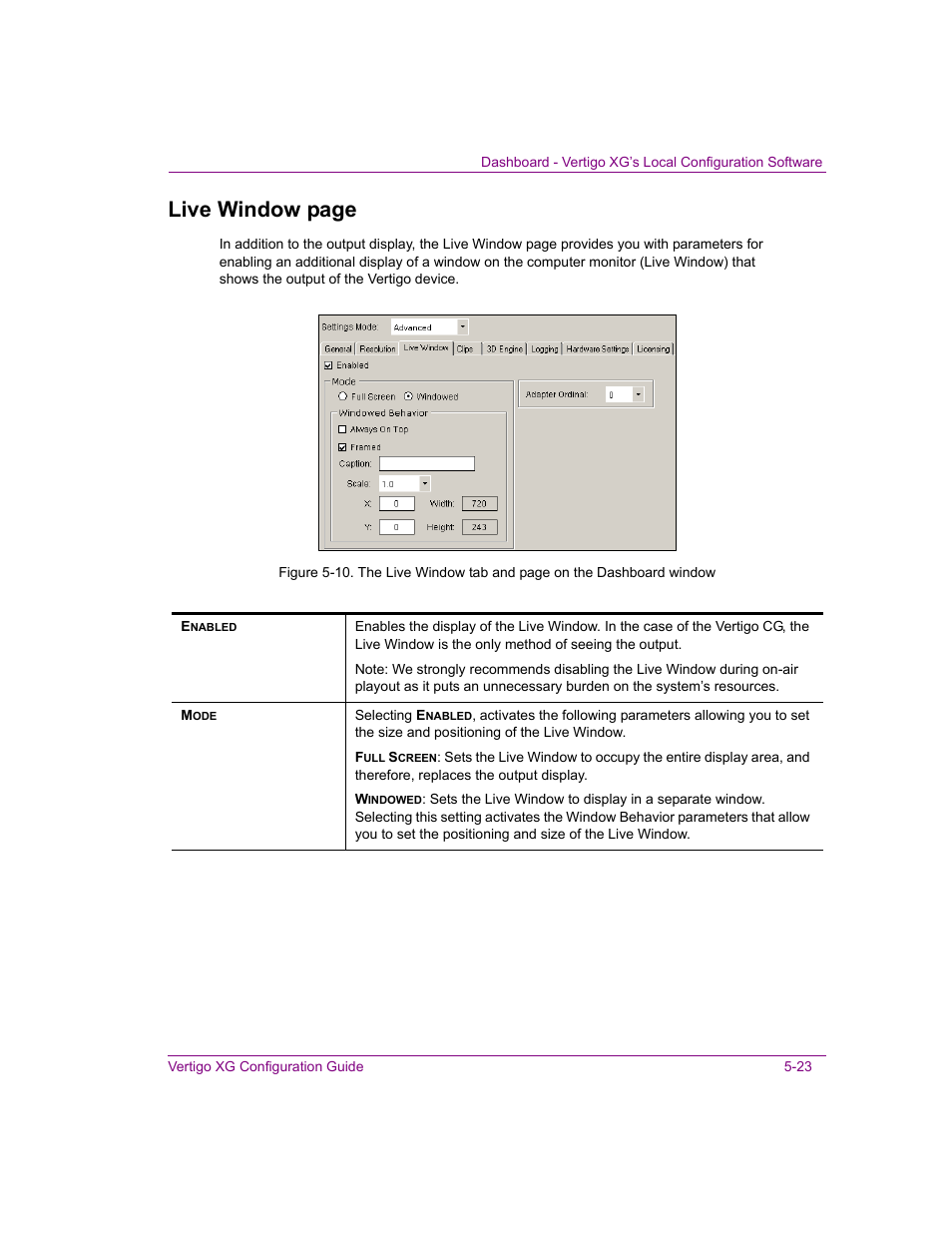 Live window page | Grass Valley XG Vertigo Configuration Guide v.5.0 User Manual | Page 78 / 103