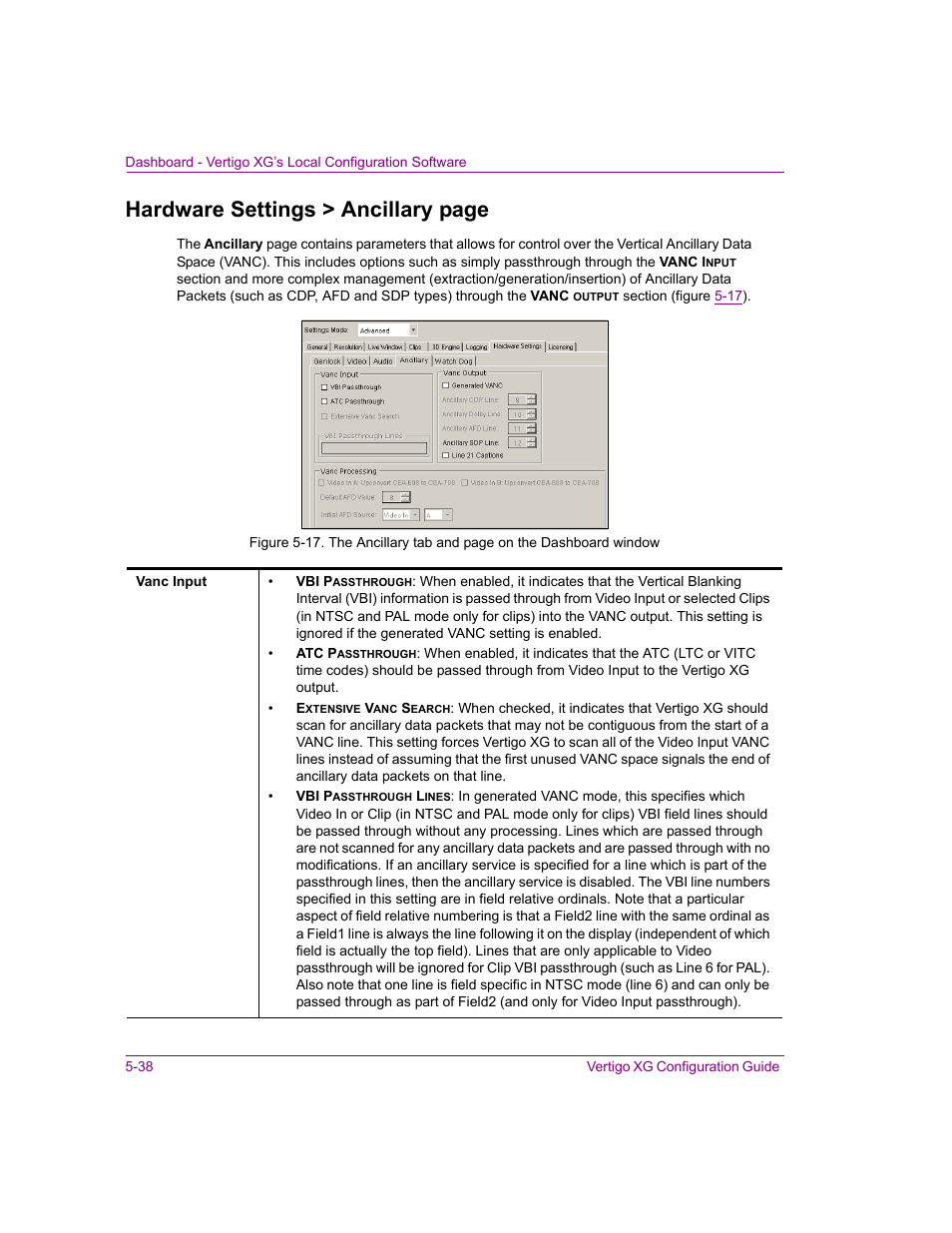 Hardware settings > ancillary page | Grass Valley XG Vertigo Configuration Guide v.5.0 User Manual | Page 93 / 103