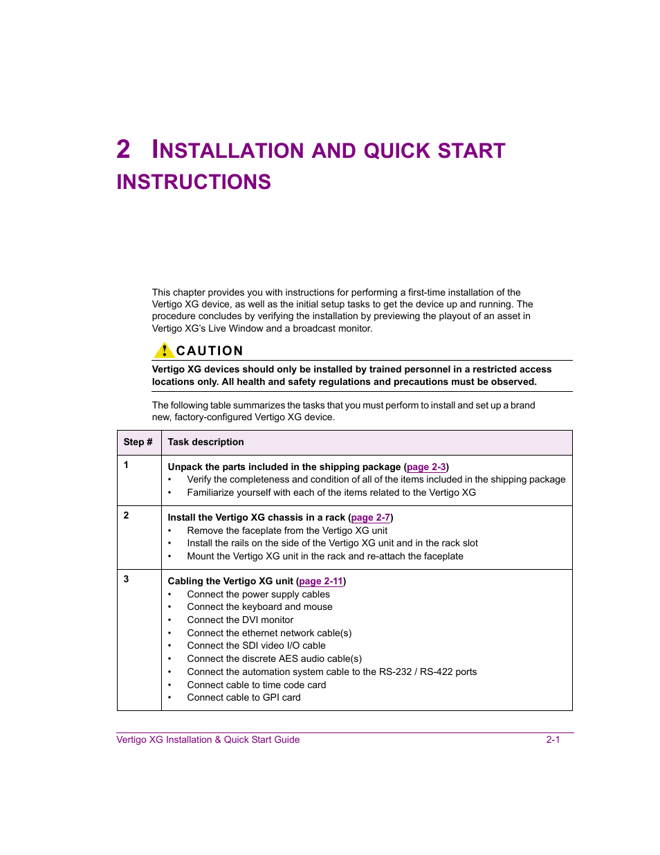 2 installation and quick start instructions, Installation and quick start instructions -1, Nstallation | Quick, Start, Instructions | Grass Valley XG Vertigo Quick Start v.5.0 User Manual | Page 26 / 46