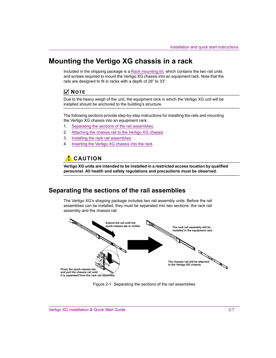 Mounting the vertigo xg chassis in a rack, Separating the sections of the rail assemblies, Mounting the vertigo xg chassis in a rack -7 | Separating the sections of the rail assemblies -7, Caution | Grass Valley XG Vertigo Quick Start v.5.0 User Manual | Page 32 / 46