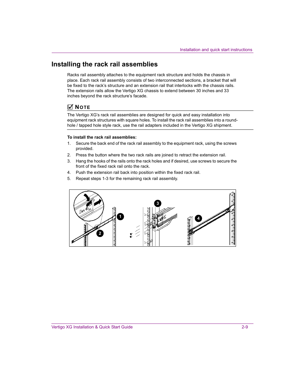 Installing the rack rail assemblies, Installing the rack rail assemblies -9 | Grass Valley XG Vertigo Quick Start v.5.0 User Manual | Page 34 / 46