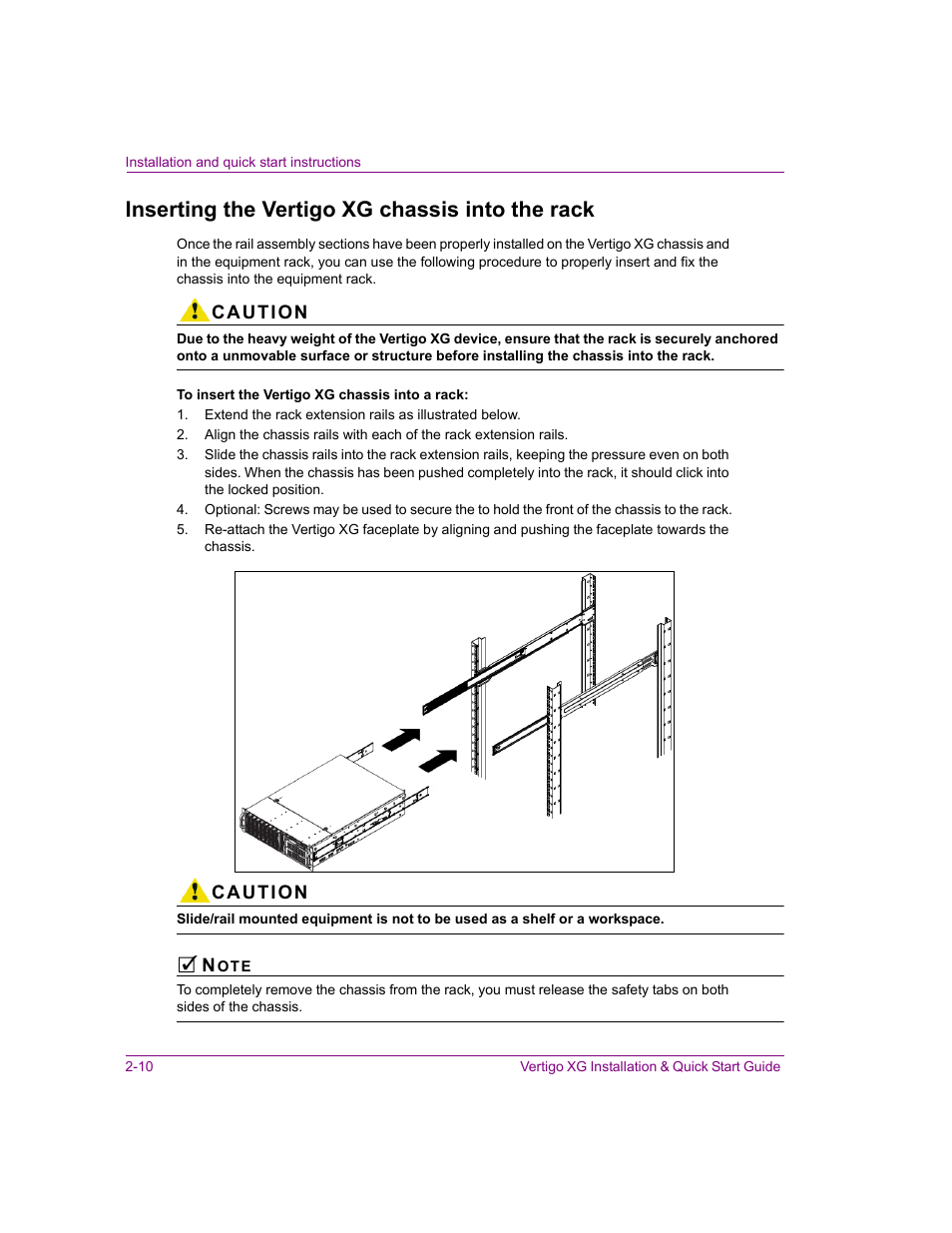 Inserting the vertigo xg chassis into the rack, Inserting the vertigo xg chassis into the rack -10 | Grass Valley XG Vertigo Quick Start v.5.0 User Manual | Page 35 / 46