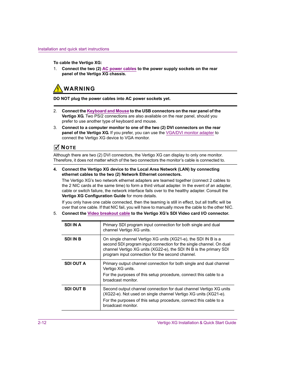 Warning | Grass Valley XG Vertigo Quick Start v.5.0 User Manual | Page 37 / 46