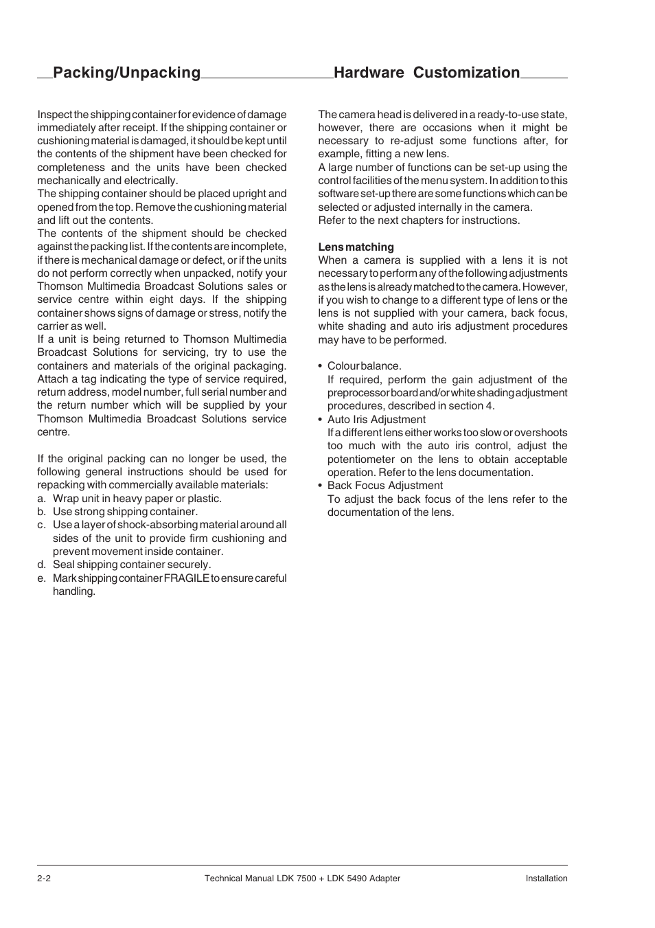 Packing/unpacking, Hardware customization | Grass Valley LDK 7500 Technical Manual User Manual | Page 10 / 42