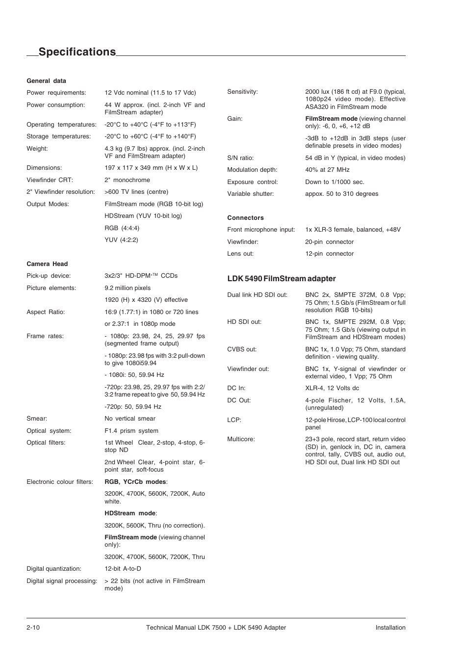 Specifications, Ldk 5490 filmstream adapter | Grass Valley LDK 7500 Technical Manual User Manual | Page 18 / 42