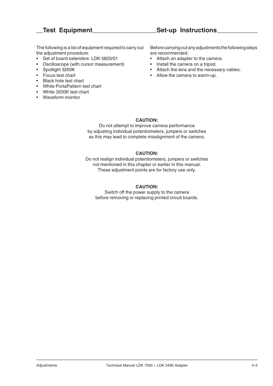 Set-up instructions, Test equipment | Grass Valley LDK 7500 Technical Manual User Manual | Page 29 / 42