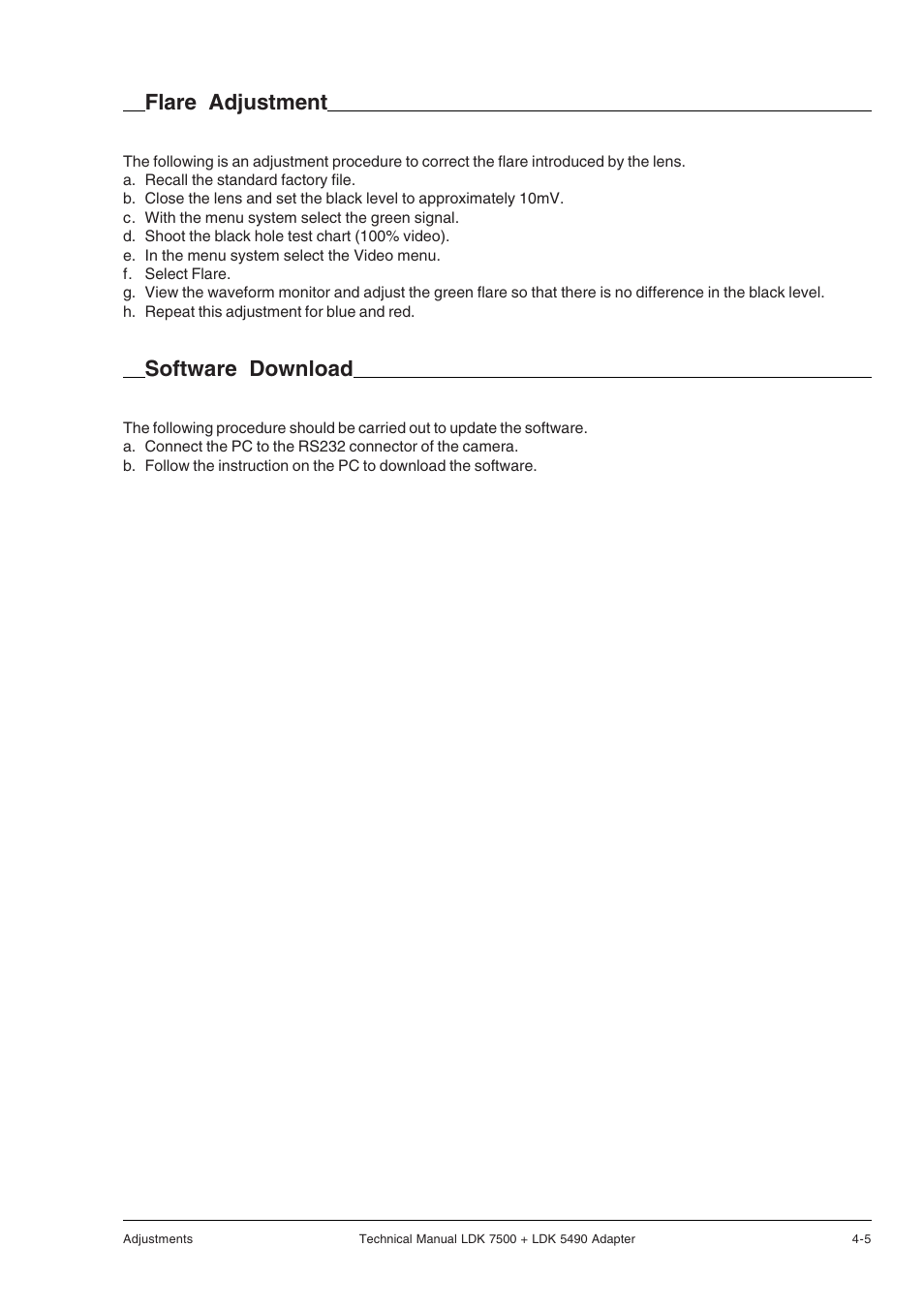 Software download, Flare adjustment | Grass Valley LDK 7500 Technical Manual User Manual | Page 31 / 42