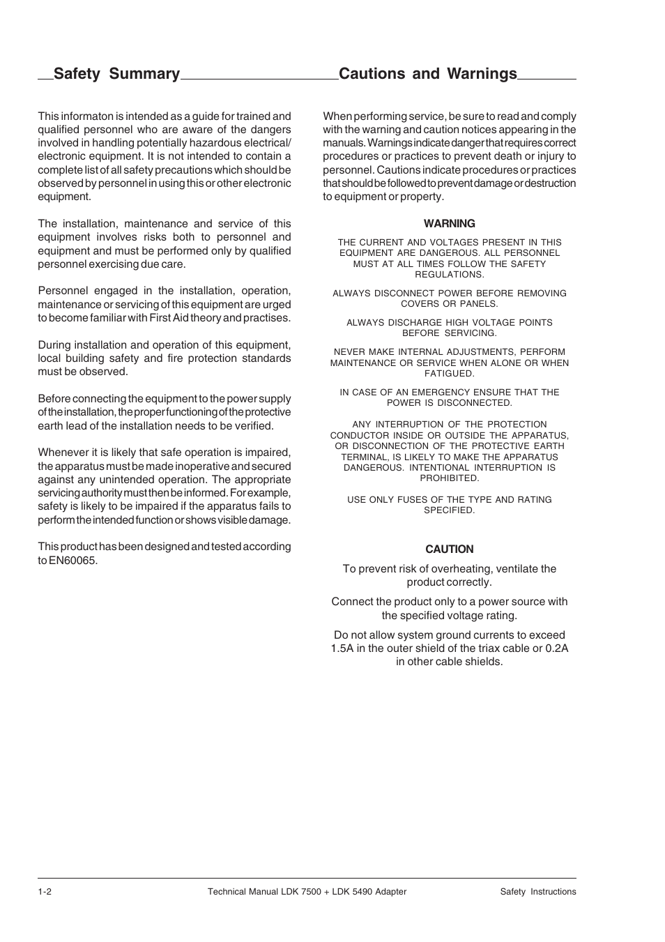 Safety summary, Cautions and warnings | Grass Valley LDK 7500 Technical Manual User Manual | Page 6 / 42