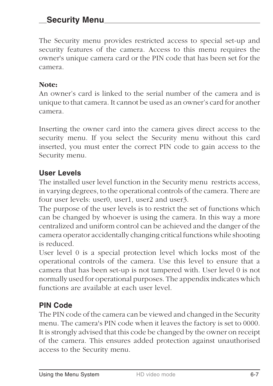 Security menu | Grass Valley LDK 7500 User Guide User Manual | Page 133 / 136