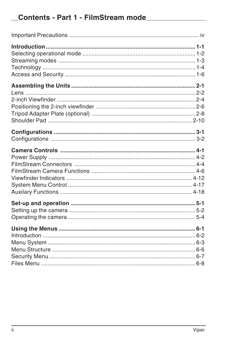 Contents - part 1 - filmstream mode | Grass Valley LDK 7500 User Guide User Manual | Page 4 / 136