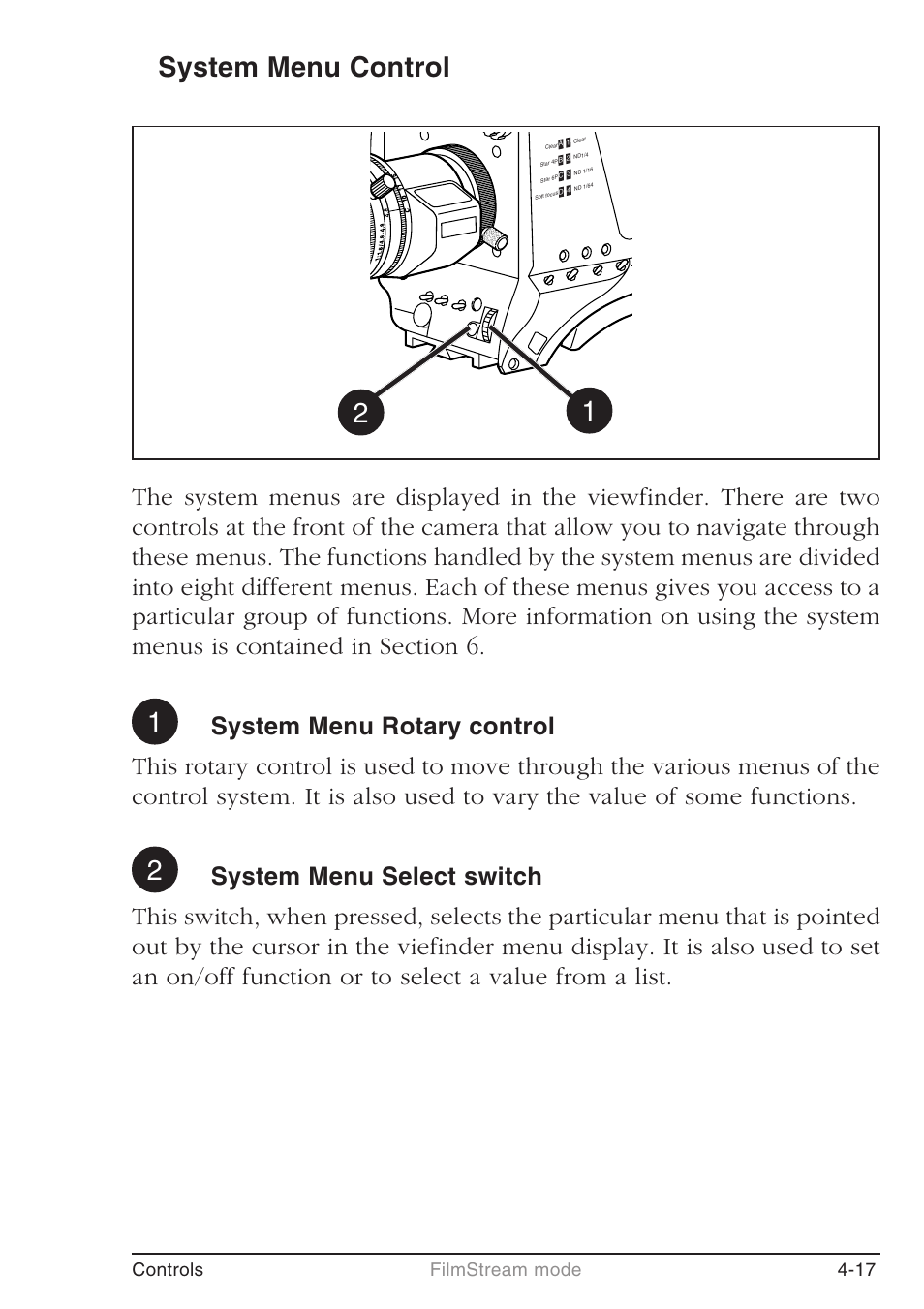 System menu control 1 2 1 2, Controls filmstream mode 4-17 | Grass Valley LDK 7500 User Guide User Manual | Page 47 / 136