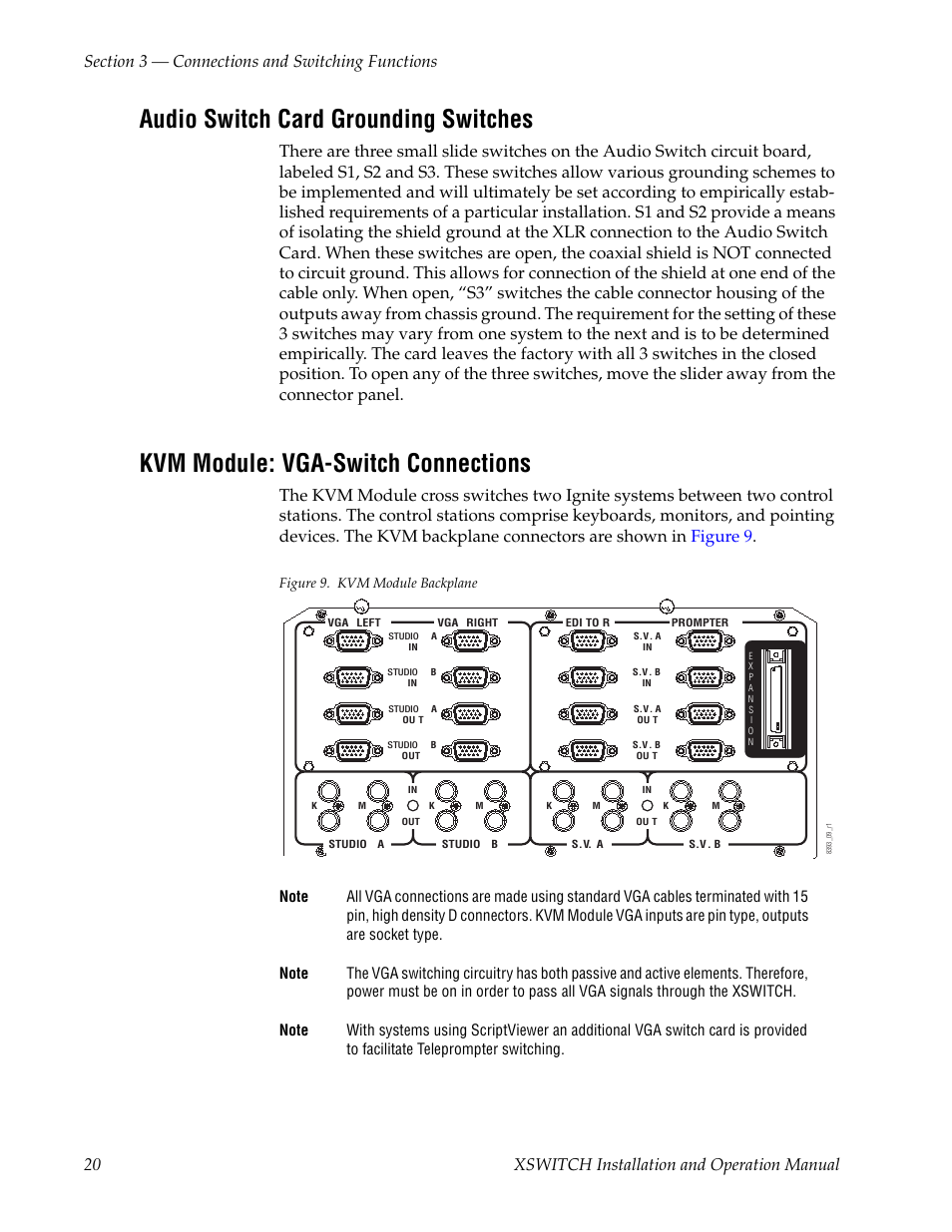 Audio switch card grounding switches, Kvm module: vga-switch connections | Grass Valley XSwitch Feb 08 2006 User Manual | Page 20 / 52