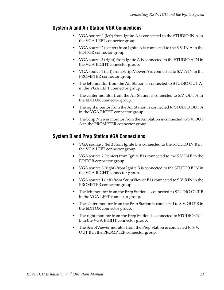 System a and air station vga connections, System b and prep station vga connections | Grass Valley XSwitch Feb 08 2006 User Manual | Page 21 / 52