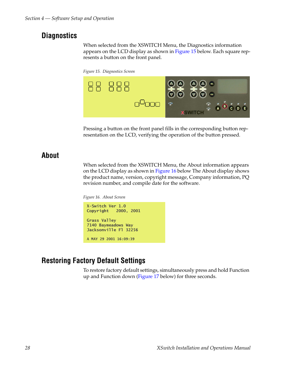 Diagnostics, About, Restoring factory default settings | Grass Valley XSwitch Feb 08 2006 User Manual | Page 28 / 52