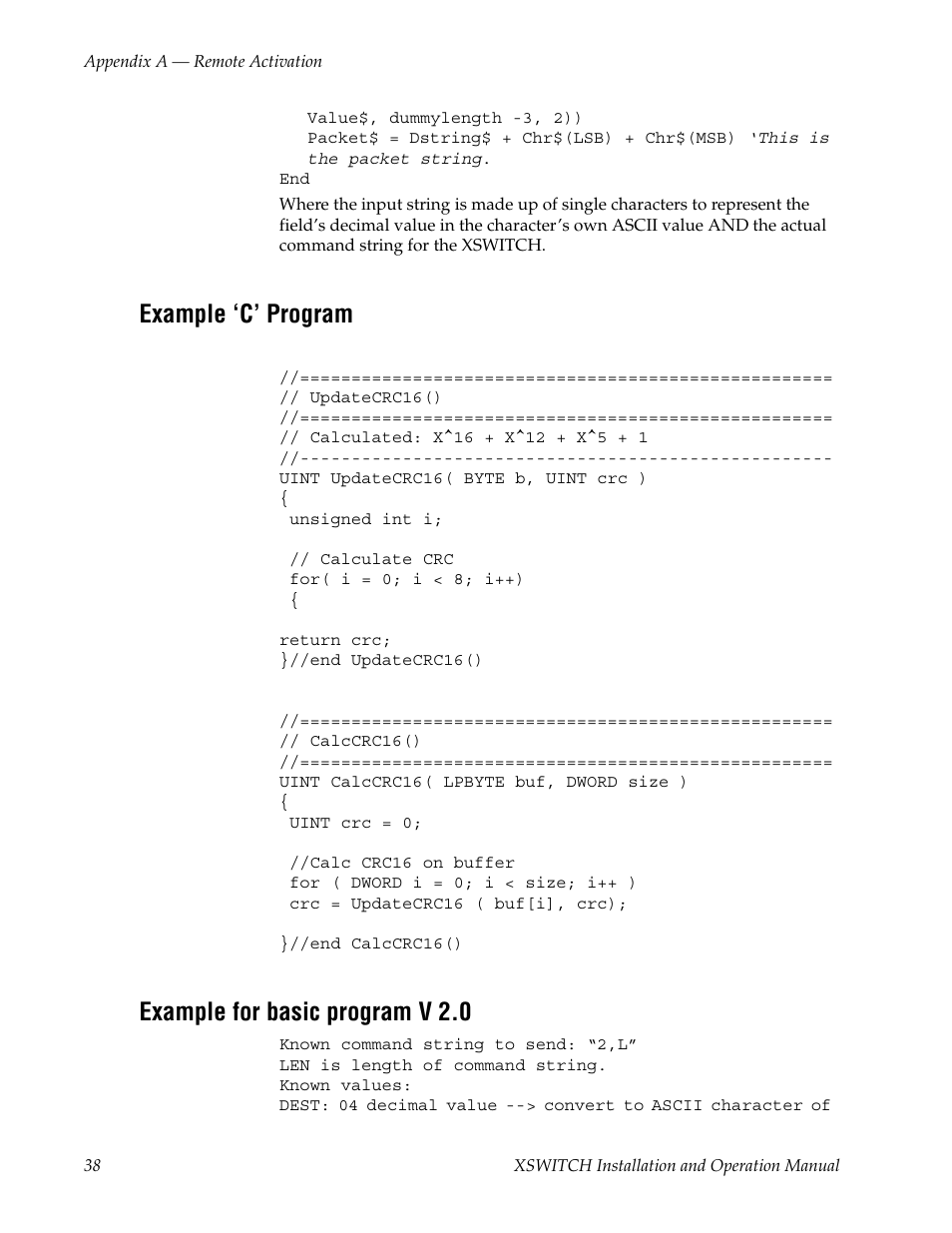 Example ‘c’ program, Example for basic program v 2.0 | Grass Valley XSwitch Feb 08 2006 User Manual | Page 38 / 52