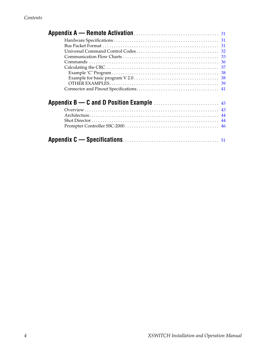 Appendix a — remote activation, Appendix b — c and d position example, Appendix c — specifications | Grass Valley XSwitch Feb 08 2006 User Manual | Page 4 / 52